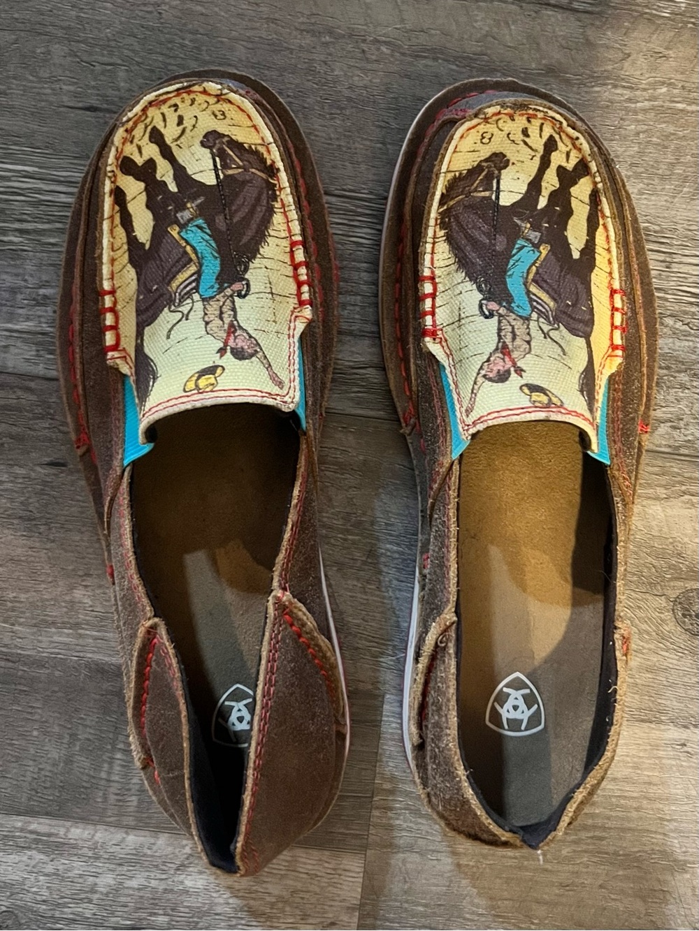 Ariat Women's Brown Slip-On Flats with Printed Canvas Vamp and Turquoise Accents
